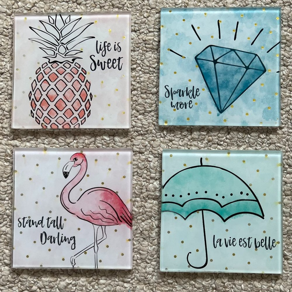 NWT American Atelier Set of Four Pink/Gold Watercolor Coasters